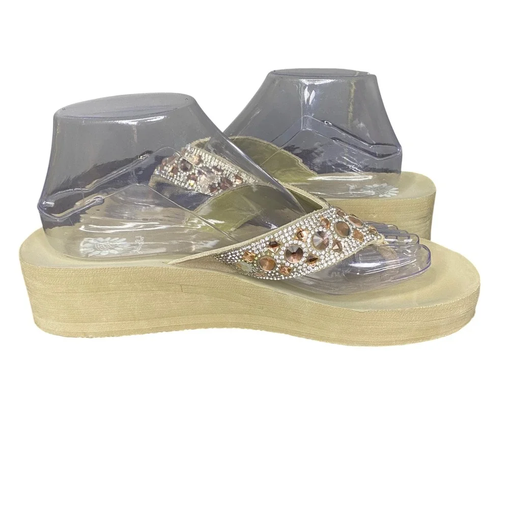Yellow Box Tan Rhinestone Gem Embellished Wedge Platform Flip Flops Women Size 9 - Picture 5 of 12
